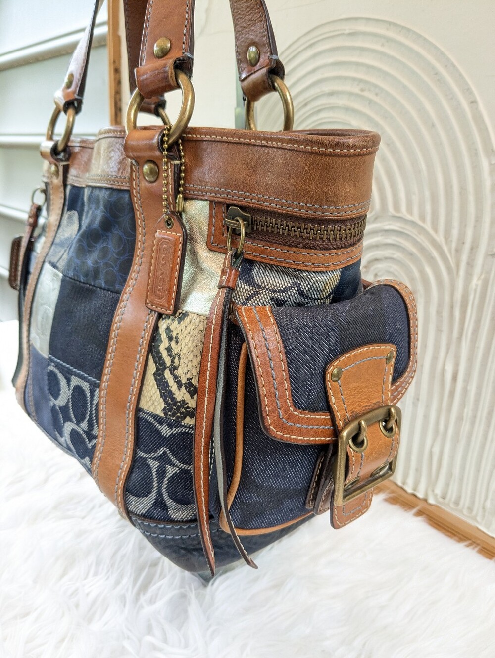 Coach RARE! Vintage Y2k Denim Patchwork Tote - Picture 2 of 12